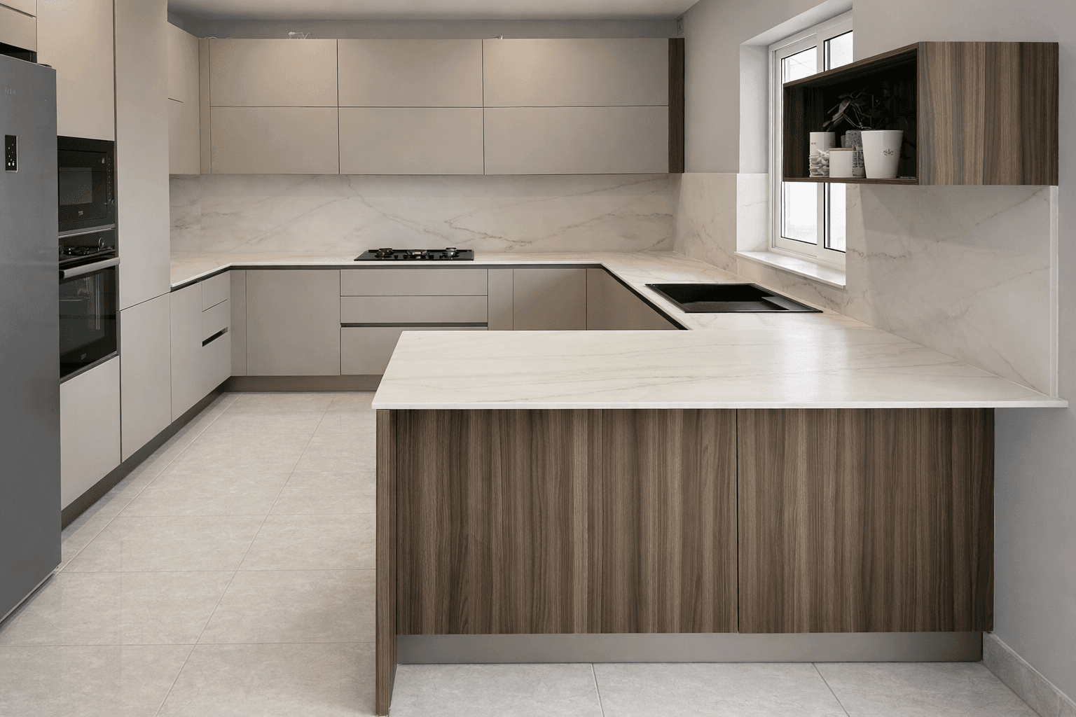 Cucina con penisola in ceramica e legno